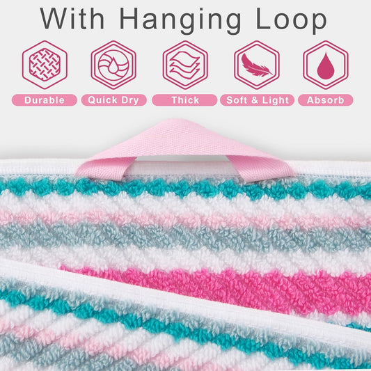 Pink Soft Towel Set (3PC, 100% Cotton), 1 Bath 28"x52", 1 Hand 16"x27", 1 Wash Cloth 13"x13, Quick Dry Towels with Hanging Loop, Striped Absorbent Towels Set for Bathroom & Guest, Pink and Aqua Stripe