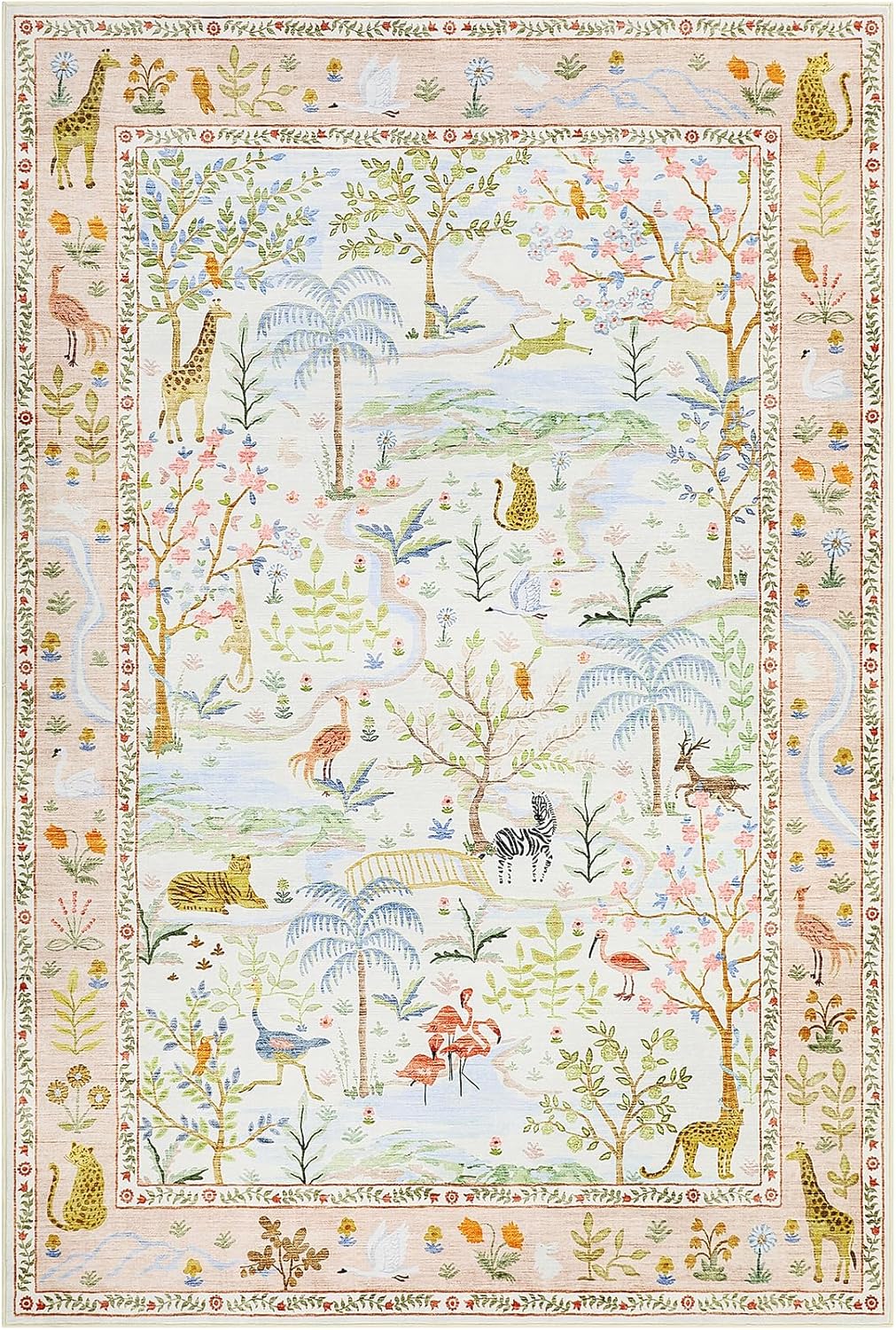 Washable Area Rug 5x7 Blush Animal Print Rugs for Nursery Non Slip Stain Resistant Forest Fairy Tale Throw Carpet Low Pile Whimsical Safari Area Rugs for Entryway Girls Bedroom Dining Room, PeachBlush