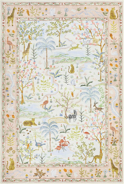 Washable Area Rug 5x7 Blush Animal Print Rugs for Nursery Non Slip Stain Resistant Forest Fairy Tale Throw Carpet Low Pile Whimsical Safari Area Rugs for Entryway Girls Bedroom Dining Room, PeachBlush
