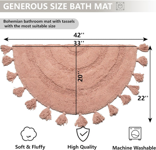 KOEXM Half Circle Crochet Cotton Rug with Tassels - Soft, Absorbent, Non-Slip Boho Bath Mat for Tub & Shower - 42"x22"