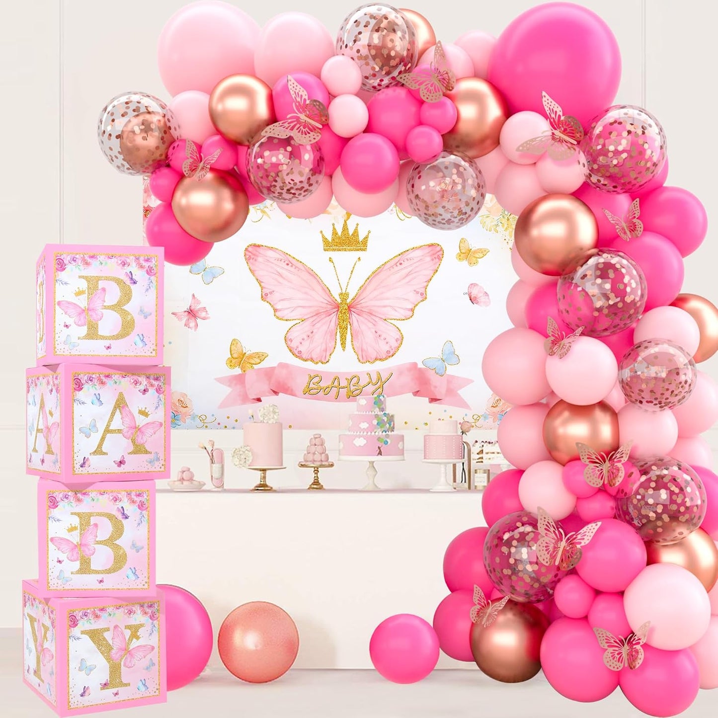 Pink Butterfly Baby Shower Decorations for Girl Pink Balloon Arch Kit Baby Boxes and Backdrop Kit for Baby Shower Decorations Butterfly Theme Birthday Party Decor