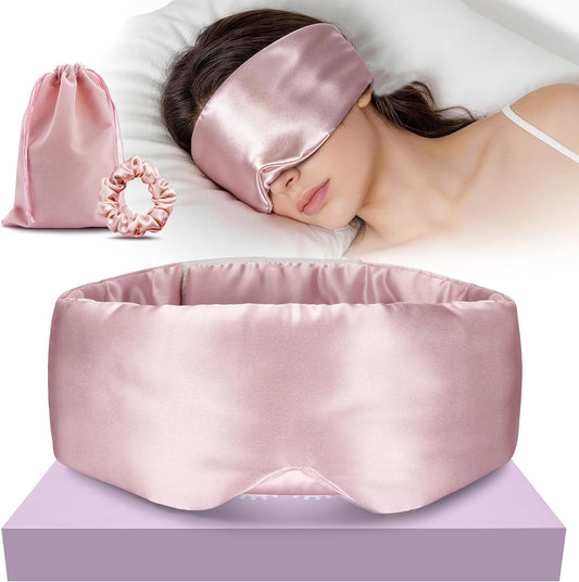 Silk Sleep Mask 22 Momme100% Mulberry Silk & 3.5cm Silk Hairband Set, Upgraded Light Blocking NosePad, Soft Wide Adjustable Strap, Comfortable Eye Mask for Men Women Home Travel (Pink)