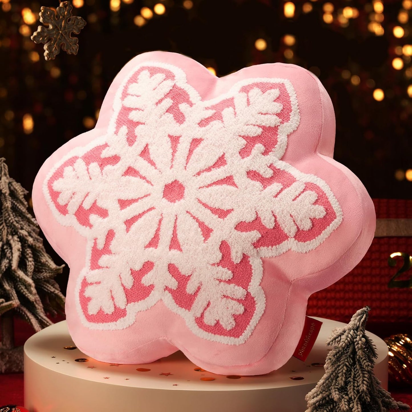 Phantoscope Merry Christmas Snowflake Shaped Throw Pillow, Velvet Xmas Embroidered Snowflake Pillow Decorative Christmas Cushion Pillow for Couch Living Room Bed, Pink, 16 x 16 inches
