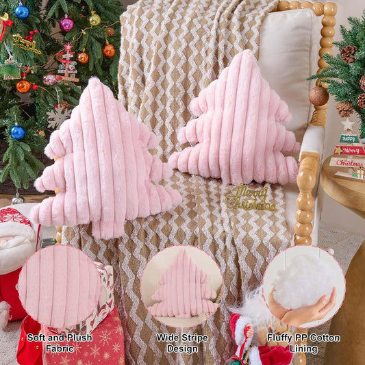 Lanpn Christmas Tree Pillows Set of 2, Christmas Decoration Wide Stripes Winter Throw Pillows Soft Cute 3D Shaped Xmas Tree Throw Cushion for Sofa Bedroom Xmas Decor (18x16 inch, Pink)