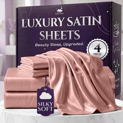 SLEEP SANCTUARY Satin Sheets King Size – 4 Piece Luxury Silky Bed Set, Softer Than Silk, 15" Deep Pocket, Cooling & Wrinkle-Free, Moisture-Wicking & Breathable for Hair & Skin (Blush Pink)