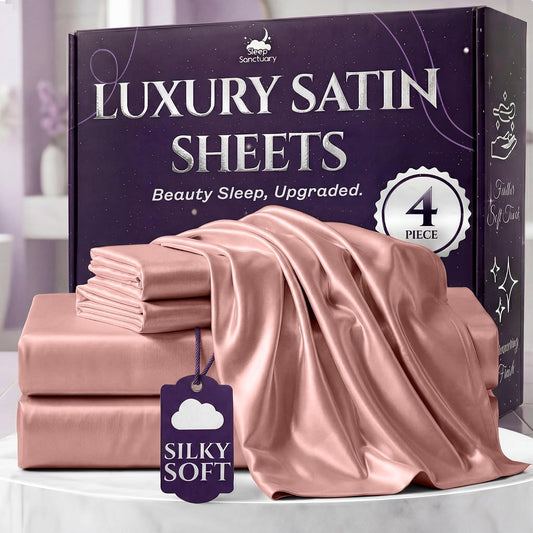 SLEEP SANCTUARY Satin Sheets King Size – 4 Piece Luxury Silky Bed Set, Softer Than Silk, 15" Deep Pocket, Cooling & Wrinkle-Free, Moisture-Wicking & Breathable for Hair & Skin (Blush Pink)