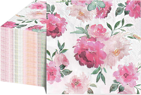 NatNarr 100 Pcs Pink Floral Napkins, Disposable Watercolor Flower Napkins Decorative Spring Cocktail Napkin for Tea Party, Garden Party,Baby Shower,Bridal Shower