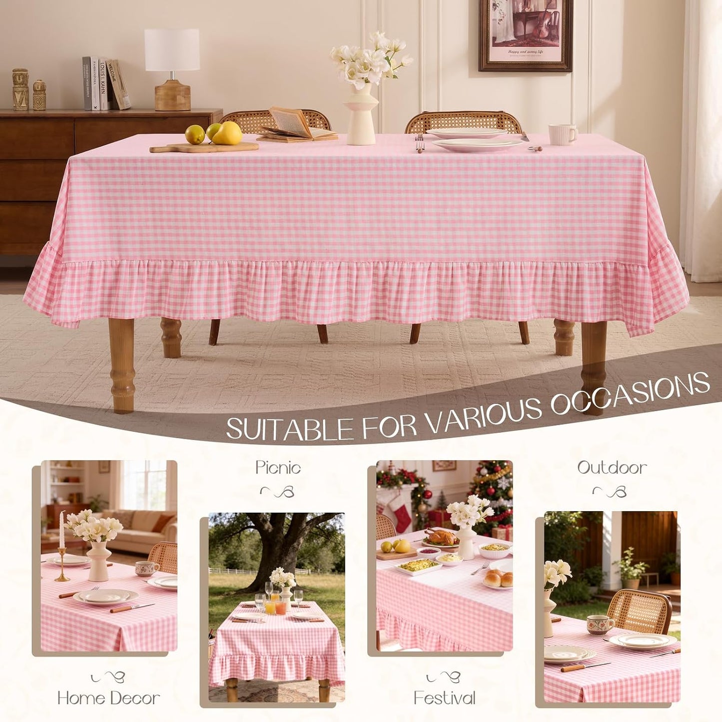 Romanstile Gingham Ruffled Tablecloth Rectangle - Waterproof Linen Cotton Checkered Table Cloth, Outdoor Plaid Table Cover for Picnic, Camping, Party - 60 x 120 Inch, Pink