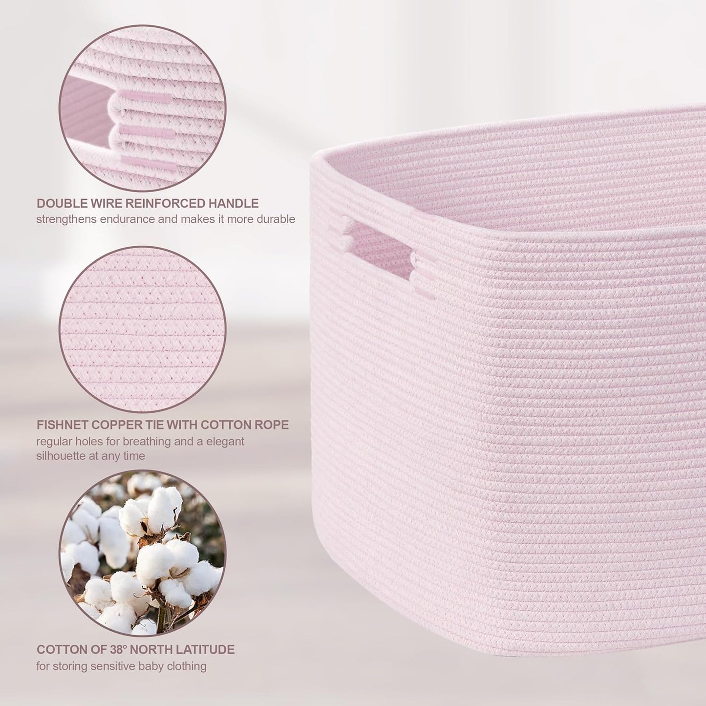 45L Small Baby Girls Laundry Basket for Nursery Storage,Cute Woven cotton Rope Baskets for Kids Toy，Gifts, Boho Square Wicker Blanket hamper for Living Room,Bedroom Dirty Clothes,Pink