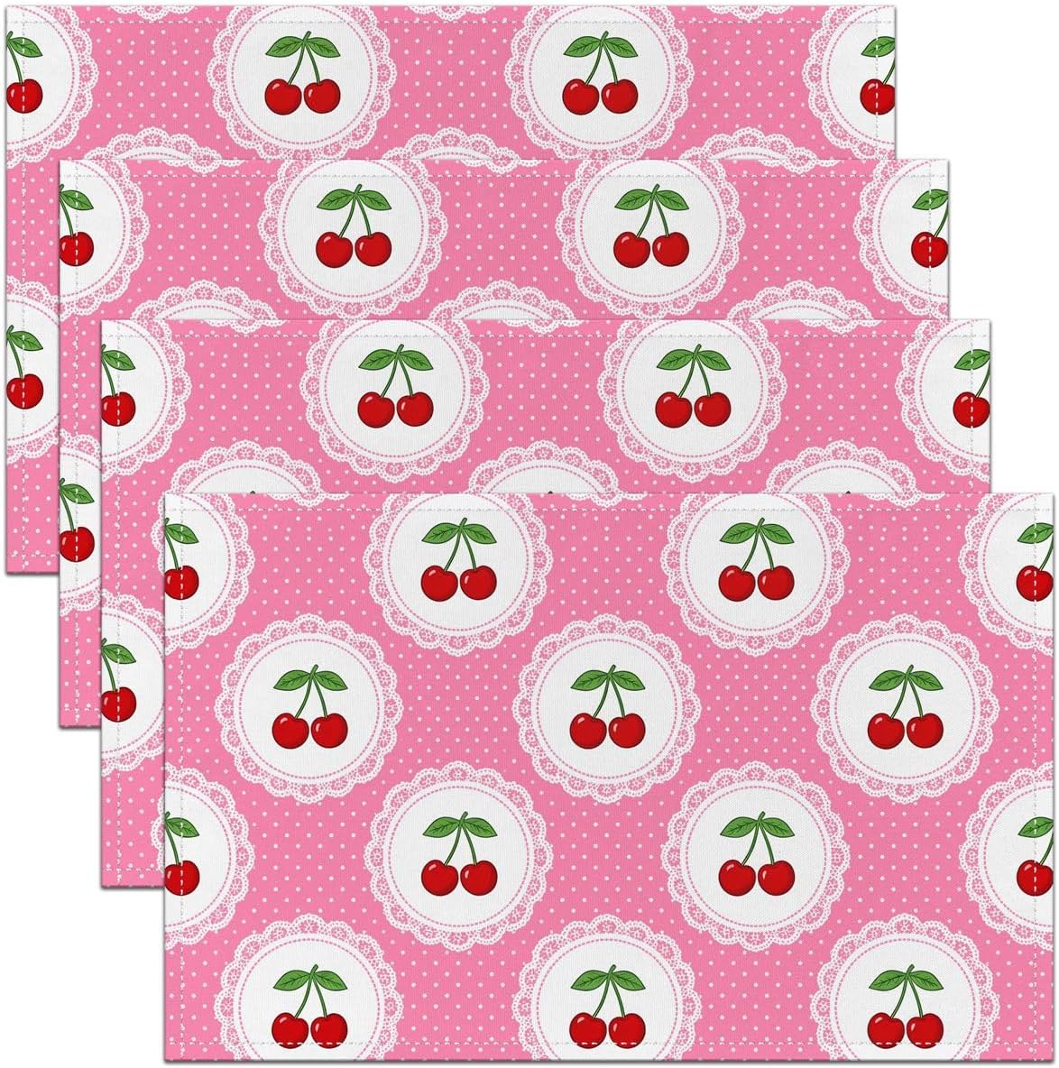 Manfei Cute Cherry Placemats Set of 4,Polka Dots Fruits Place Mats,Princess Style Placemat for Kitchen Dining Table Peach Pink Table Mats Indoor Outdoor 18"x12"