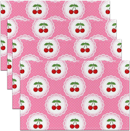 Manfei Cute Cherry Placemats Set of 4,Polka Dots Fruits Place Mats,Princess Style Placemat for Kitchen Dining Table Peach Pink Table Mats Indoor Outdoor 18"x12"