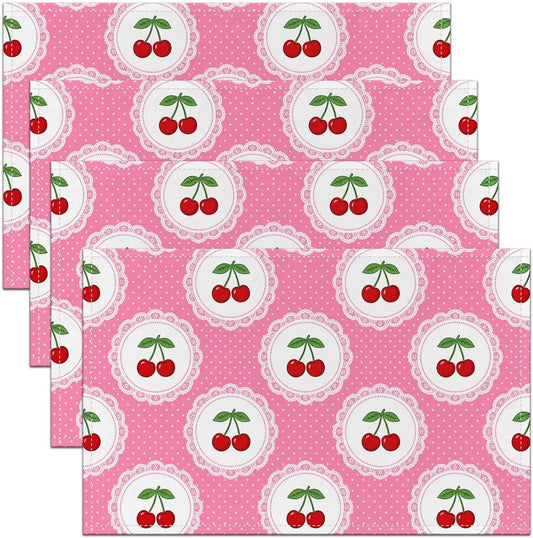 Manfei Cute Cherry Placemats Set of 4,Polka Dots Fruits Place Mats,Princess Style Placemat for Kitchen Dining Table Peach Pink Table Mats Indoor Outdoor 18"x12"