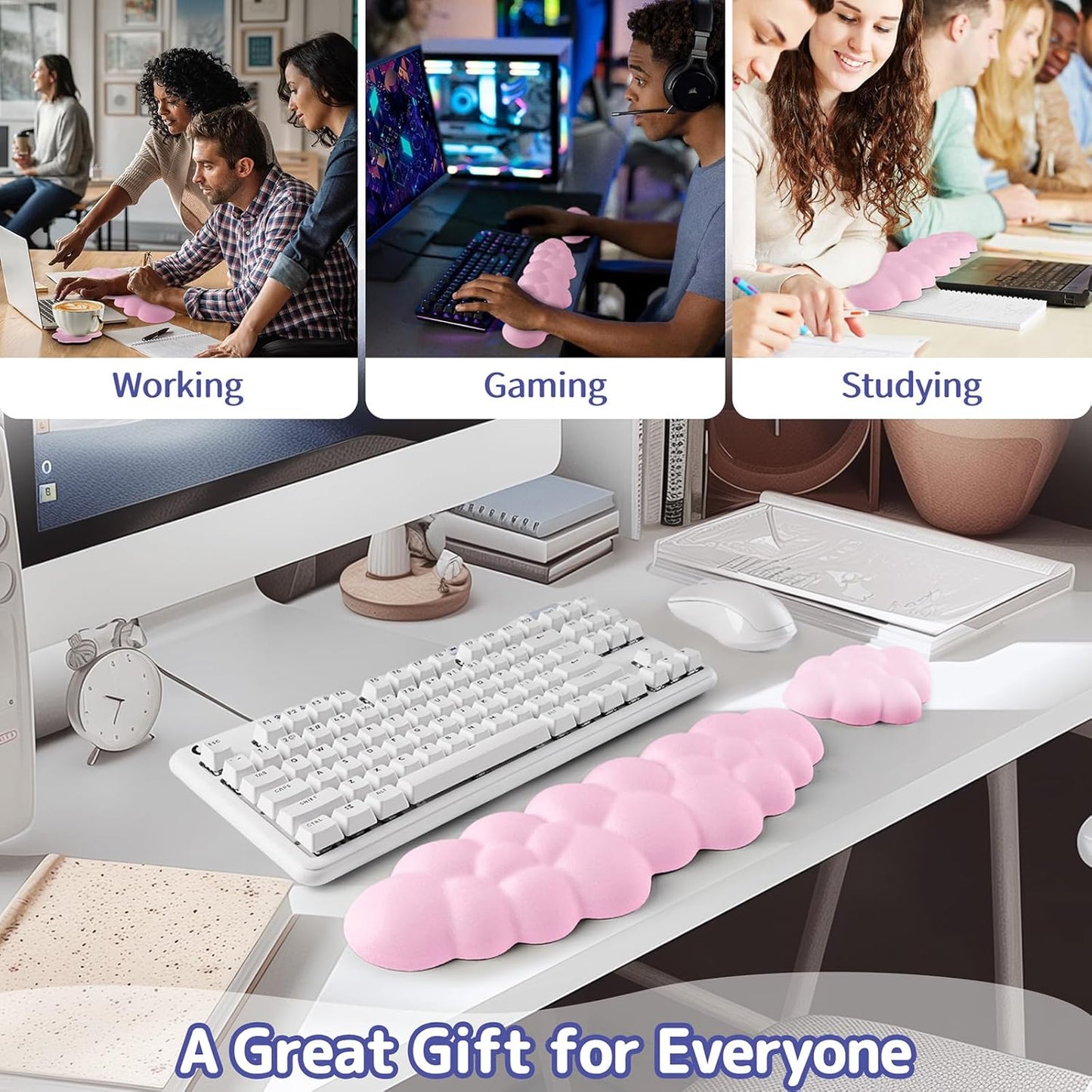 Sushret Cloud Wrist Rest Keyboard, Cloud Keyboard Wrist Pad Set with PU Leather Memory Foam, Cute Arm Rest for Palm Support, PC/Gaming Desk Accessories/Office Setup/Computer Hand Cushion - Pink