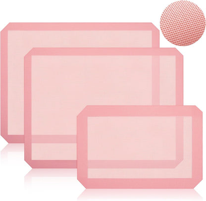 3 Pack Perforated Silicone Baking Mat, Non Stick Pink Baking Mats 2 Half Sheets 16.5"x11.6" & 1 Quarter Sheet, Food Reusable Safe Oven Liners Mats for Making Cookies, Macaroons, Bread