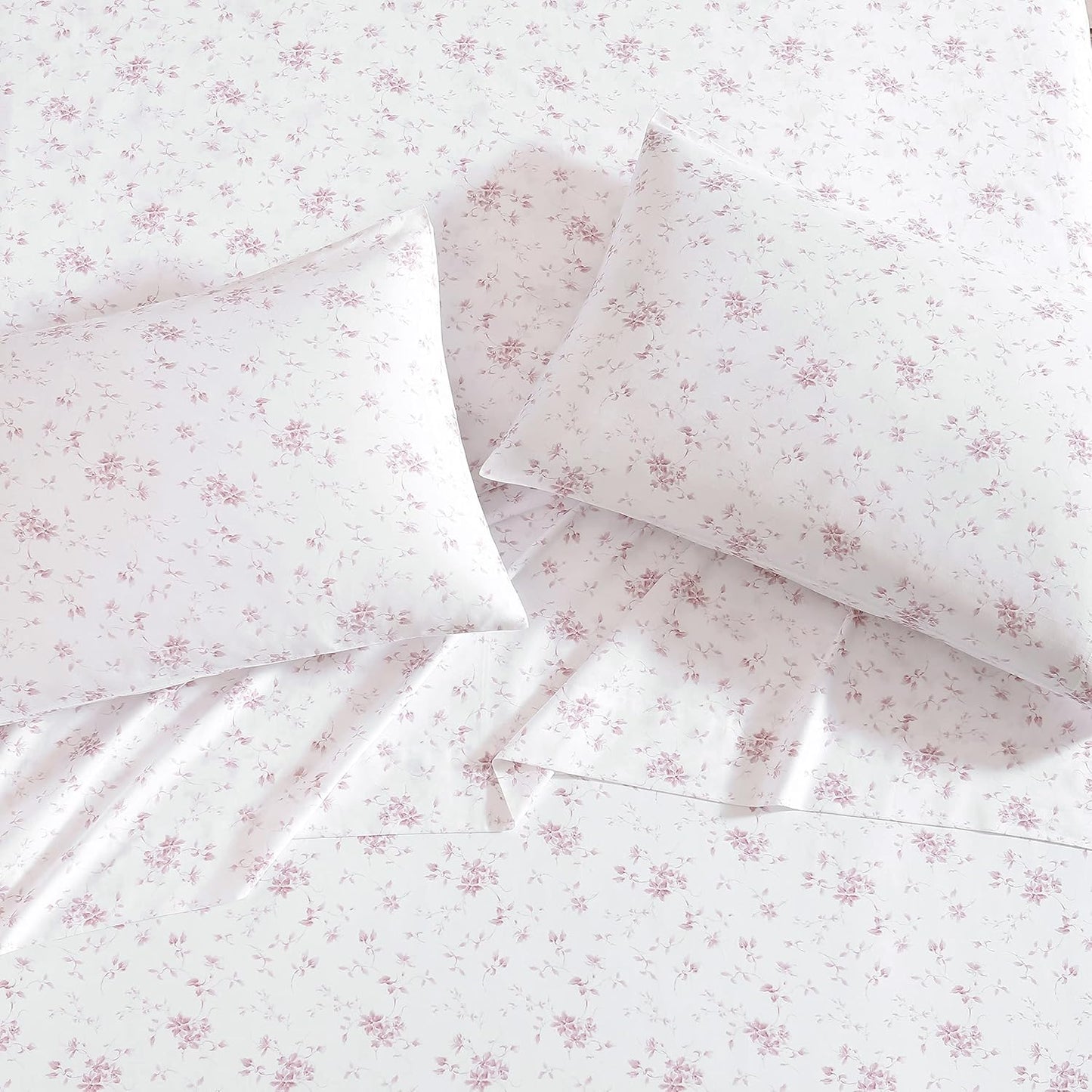 Laura Ashley Home - Standard Pillowcase Set, Cotton Sateen Bedding, Smooth & Wrinkle-Resistant (Garden Muse Pink, 2 Piece)