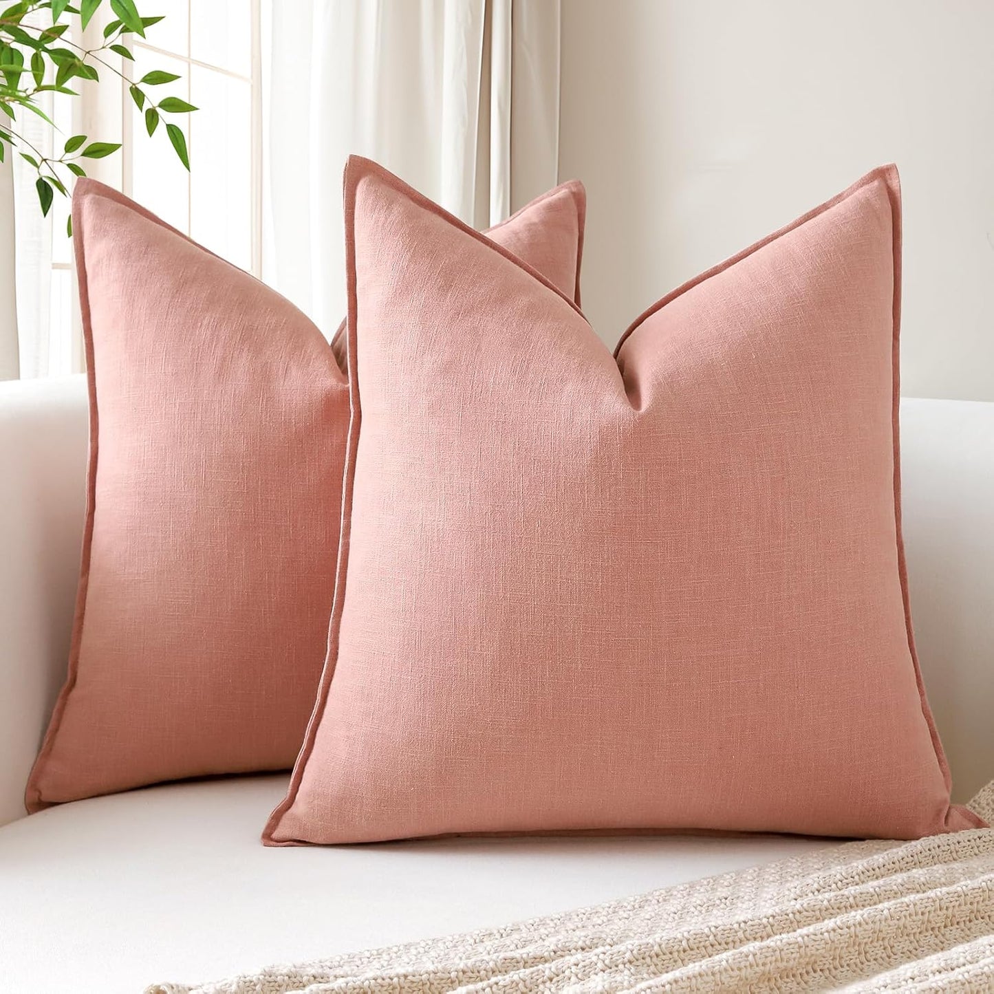 OTOSTAR Pack of 2 Linen Solid Throw Pillow Covers 18 x 18 Inch Boho Decorative Pillowcases Soft Accent Pillow Covers for Sofa Couch Chair Bedroom Farmhouse Home Decor Cushion Covers, Pink