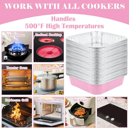 SHUESS 35 Pcs Aluminum Pans, 8x8 Inch Aluminum Pans with Lids, Mini Cake Pans Set, Small Square Pink Foil Baking Pans with Lids, Spoons and Stickers for Oven, Air Fryer, Cake, Vegetables, Brownie