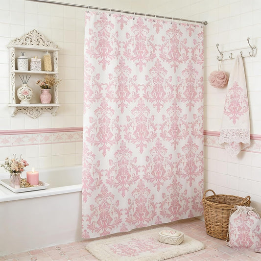Castle Fairy Pink White Damask Bath Curtain,Antique Victorian Baroque Boho Shower Curtain for Kids Boys,Vintage Gothic Lace Floral Print Waterproof Accessories with Hooks, 72Wx72L inch