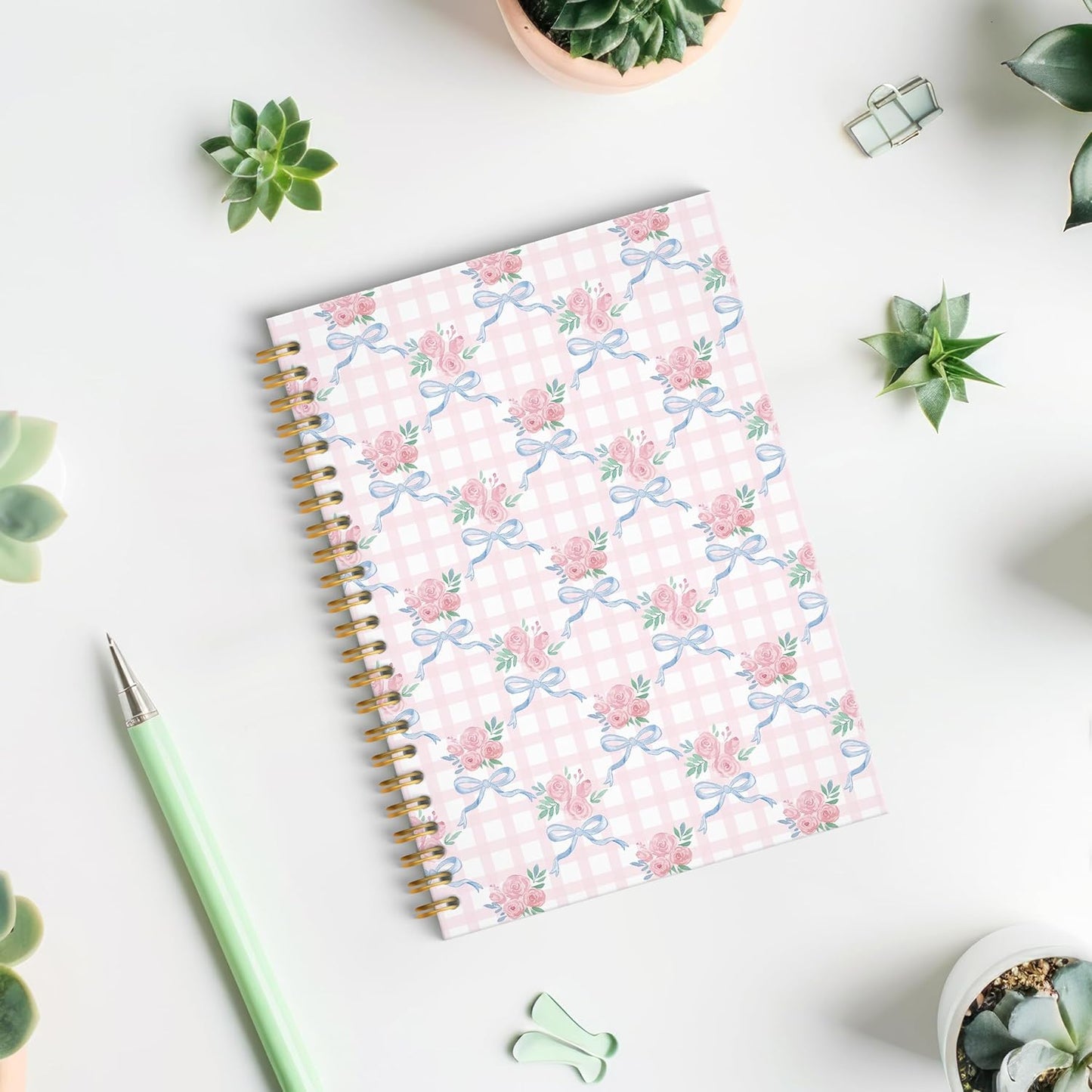 Coquette Floral Bow Spiral Notebook, Chinoiserie Pastel Pink Rose Floral Journal, Trendy Preppy Grandmillennial Flower Aesthetic Journal Notebook, 5.5x8.3 Inch