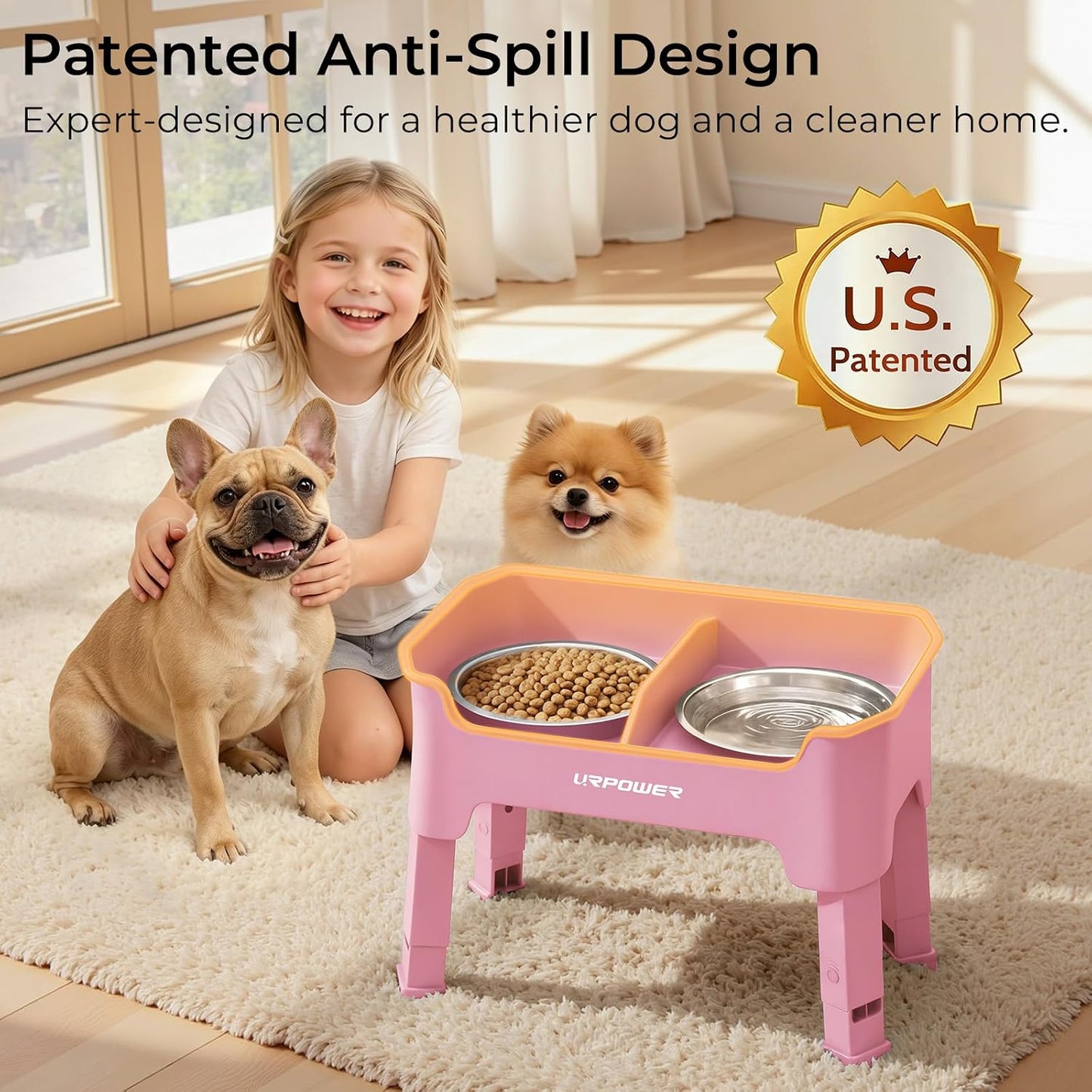 URPOWER Mess Proof Elevated Dog Bowls 4 Height Adjustable Raised Bowl Stand with 2 Stainless Steel Dog Bowls Non-Slip Food and Water Bowl Set for Small Dogs, Pink