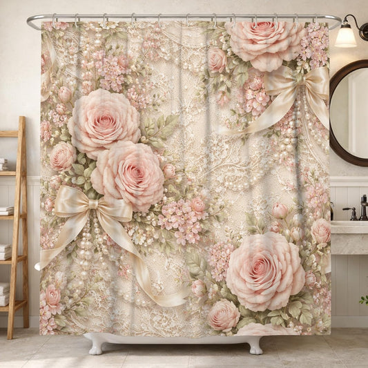 Roses Shower Curtain, Vintage Romantic Bows Lace Spring Peach Waterproof Fabric Design Print Bath Curtains for Home Bathroom Toile Hotel Decor 72x78 Inch