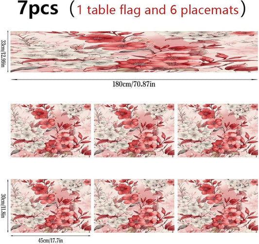 Peach Floral Pattern Placemats and Table Runner Set, Washable Linen Place Mats for Home Wedding Hotel Decoration (1 Table Runner and 6 Placemats)