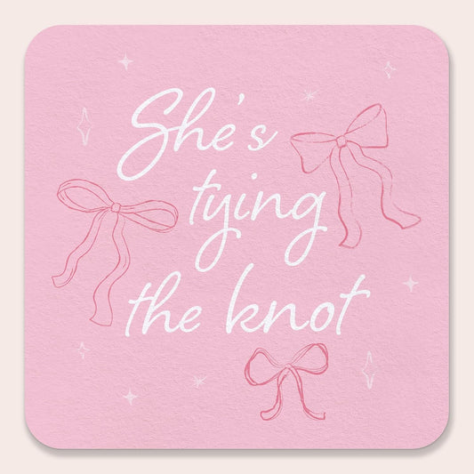 Big Dot of Happiness 25 Ct She's Tying The Knot Drink Coasters, 4-Inch Disposable Square Paper Coasters for Pink Bows Bridal and Bachelorette Party, Funny Cocktail Table Decor for Bar Drinks