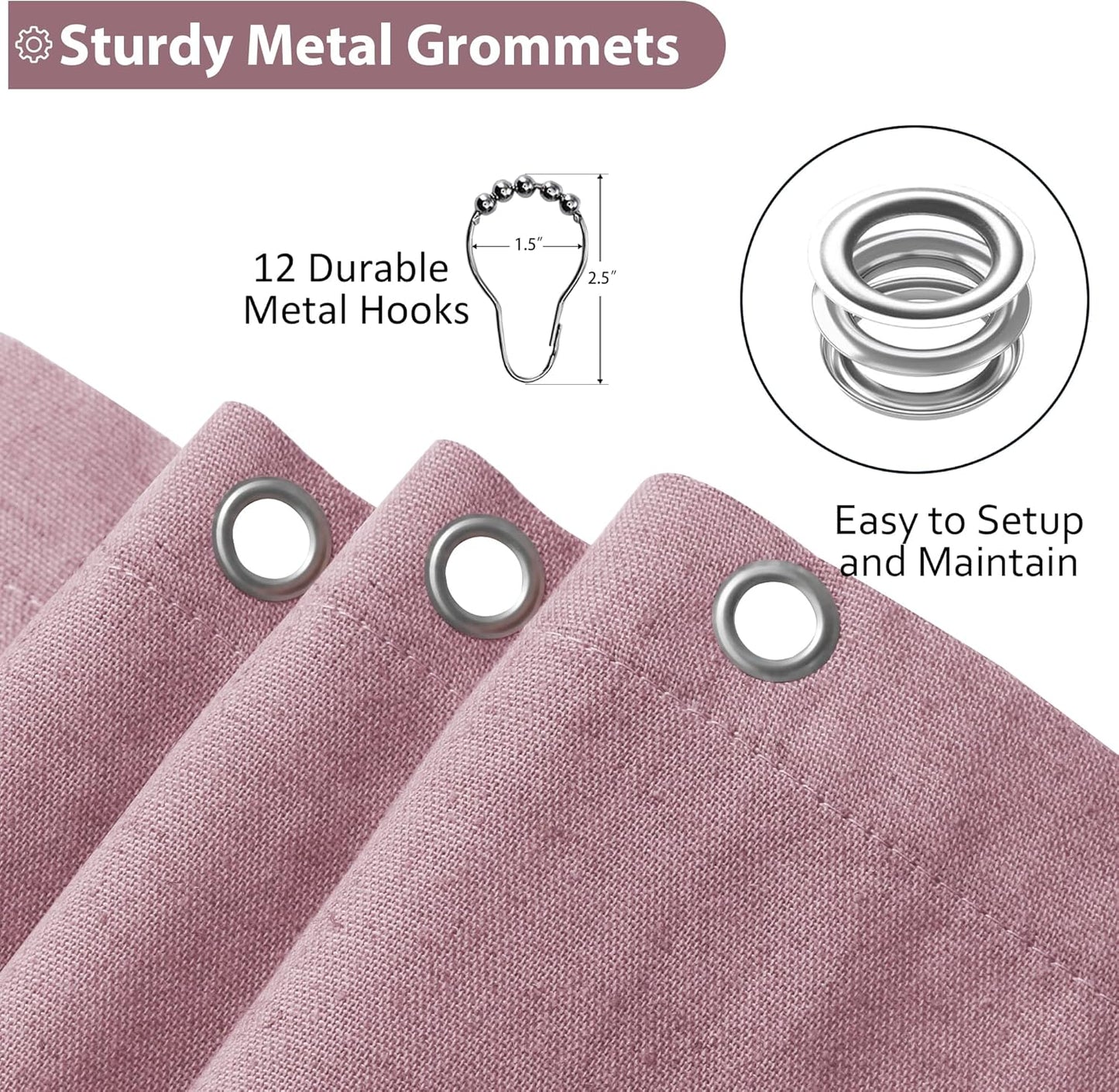 Blush Pink Linen Shower Curtain, Boho Farmhouse Shower Curtain Set for Bathroom, 200GSM Luxury Weighted Water Resistant Fabric Textured Shower Curtains with 12 Metal Hooks, 72Wx72H
