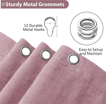 Blush Pink Linen Shower Curtain, Boho Farmhouse Shower Curtain Set for Bathroom, 200GSM Luxury Weighted Water Resistant Fabric Textured Shower Curtains with 12 Metal Hooks, 72Wx72H