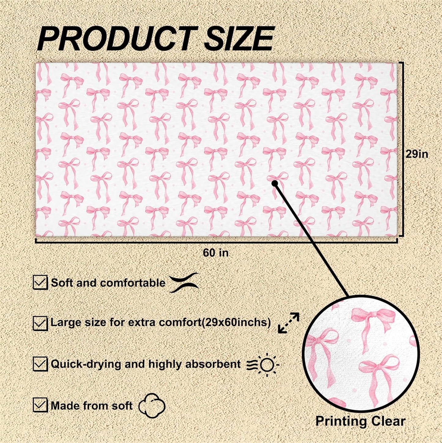 Preppy Beach Towels, Pink Coquette Bow Ribbon Bows Pool Towels, Girly Trendy Bowknot Sand Towel Large Bath Towel Gifts for Teen Girls Women, Preppy Coquette Pink Bow Bathroom Decor, 30x60in