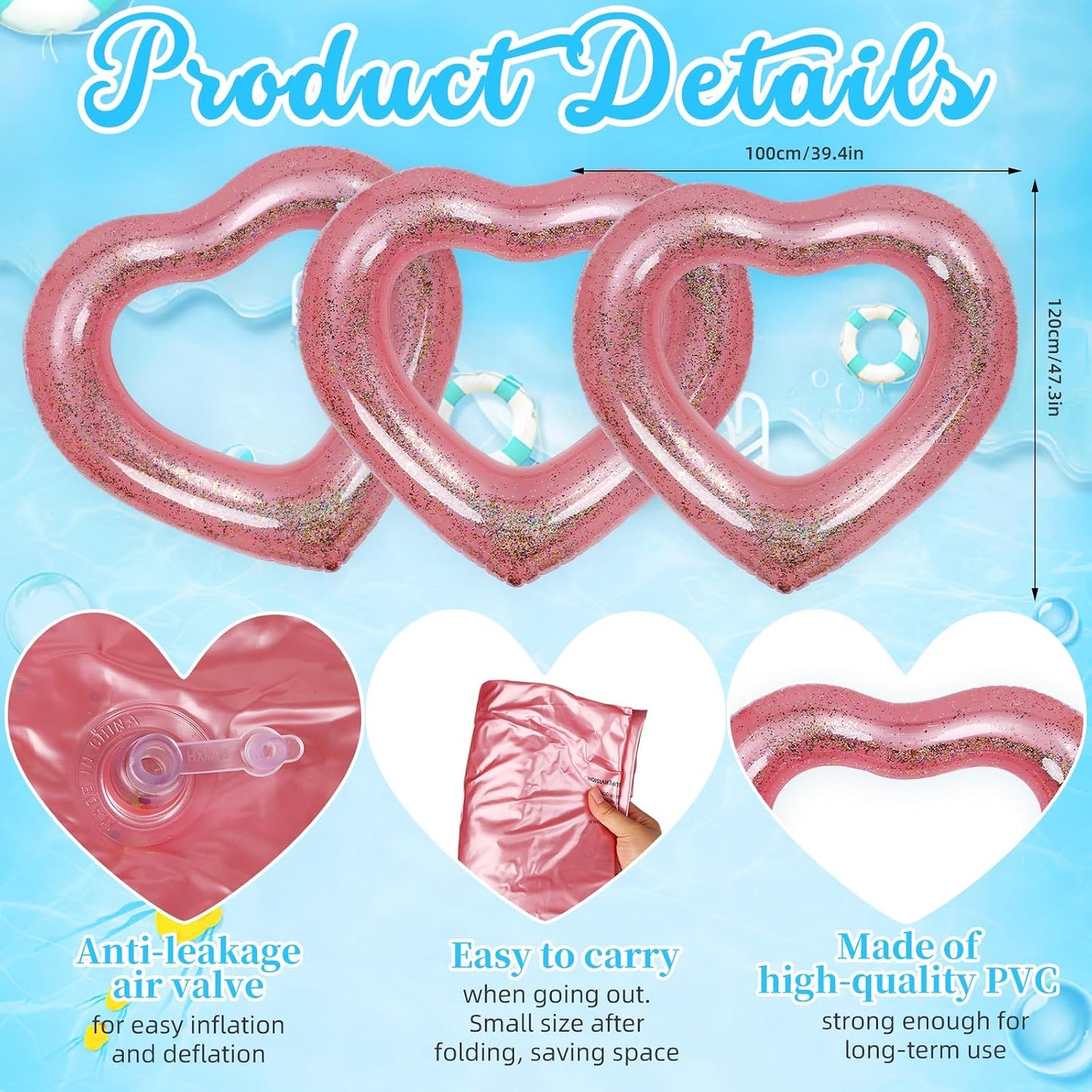 3 Pieces Inflatable Heart Pool Float, Glitter Inflatable Swim Rings Bachelorette Party Pool Float Tube, Heart Shaped Summer Swimming Ring, Water Beach Party for Adults ﻿ ﻿