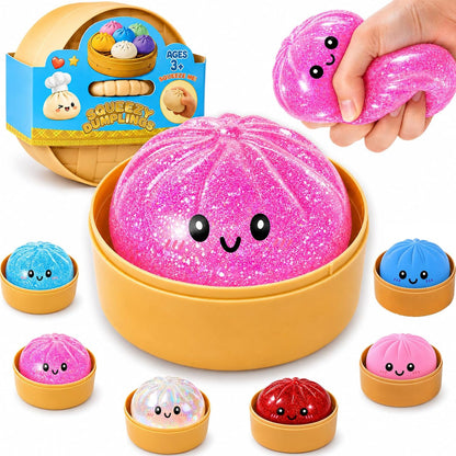 Dumpling Squishies, Glitter Dumpling Mystery Box, Fidget Sensory Toy for Adults,Colorful Dumplings Stress Balls with Food Steamer,Stretchy Desk Toys (Glitter Pink)