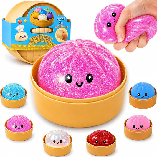 Dumpling Squishies, Glitter Dumpling Mystery Box, Fidget Sensory Toy for Adults,Colorful Dumplings Stress Balls with Food Steamer,Stretchy Desk Toys (Glitter Pink)