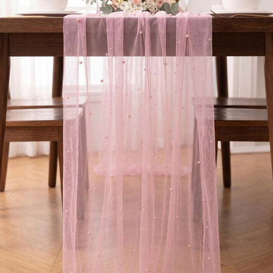 Pink | Pearl Tulle Table Runner | 10FT Gauze | Wedding Bridal Shower | Pearl Tulle | Soft Crinkle Cheesecloth-style Fabric with Rustic Edges | Hand Wash Only | No Ironing Needed for A Flowing Look