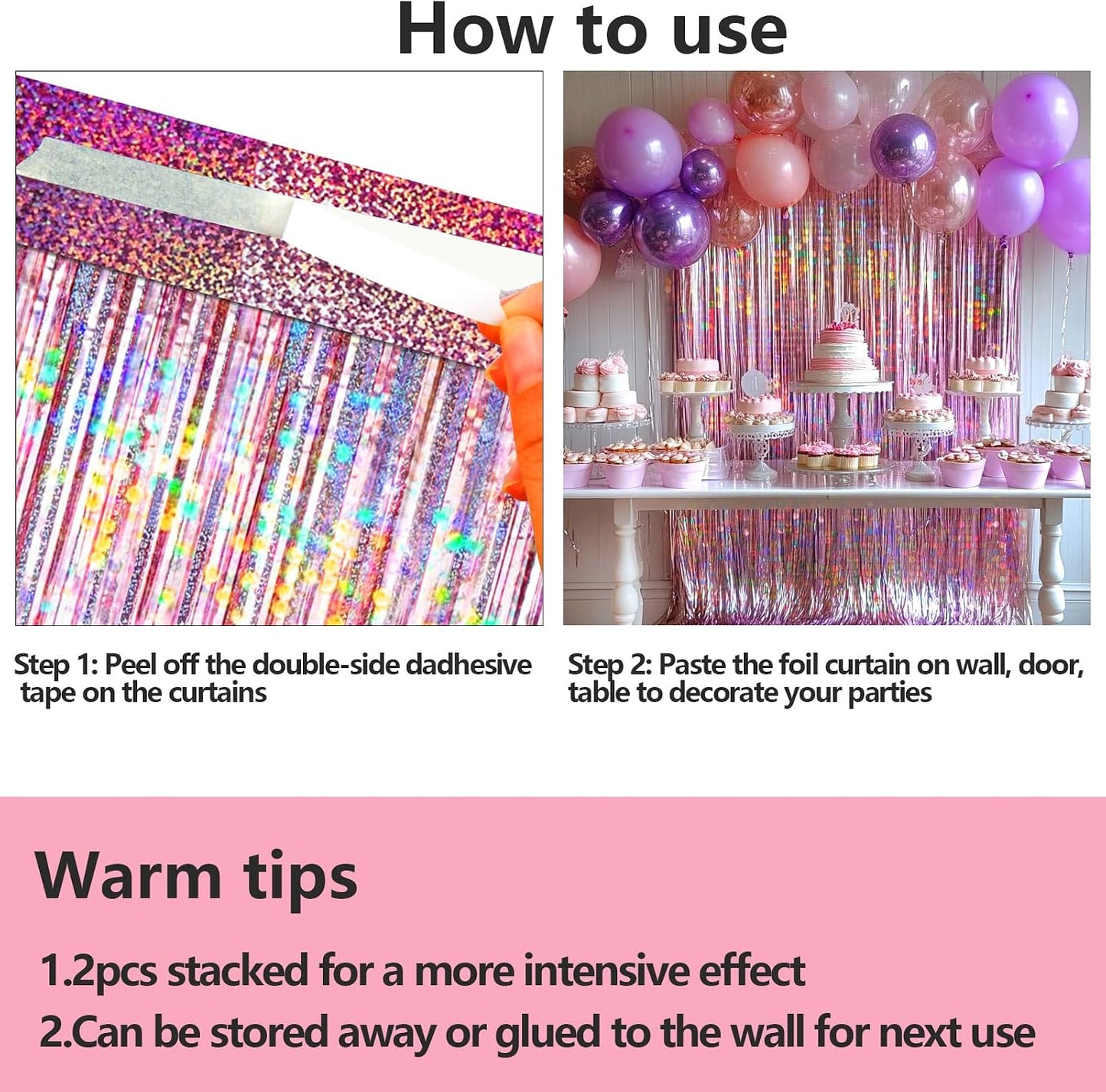 4 Packs Pink Foil Fringe Curtain, Pink Glitter Metallic Tinsel Backdrop for Birthday, Wedding, Baby Shower, Princess Bachelorette Cowgirl Party Decorations Supplies