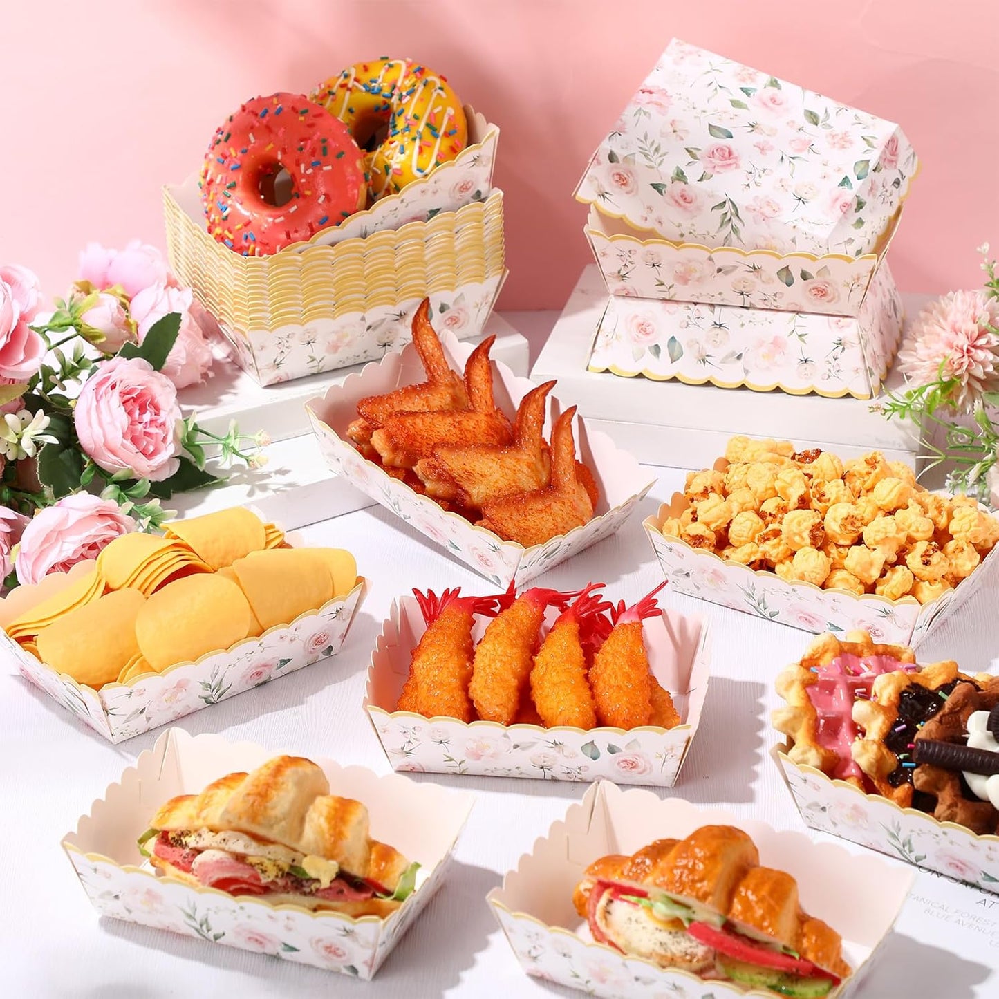 Funnymoom 48 Pcs Pink Floral Paper Food Trays Flower Nacho Boat Trays Disposable Snack Holder for Spring Birthday Tea Party Baby Shower Bridal Wedding Supplies