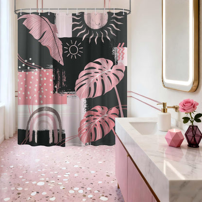 Pink and Gray Mid Century Modern Shower Curtain Bohemian Abstract Light Pink and Grey Shower Curtains for Bathroom Decor Sets, Waterproof Cloth Fabric with Hooks, 70x72 Inch