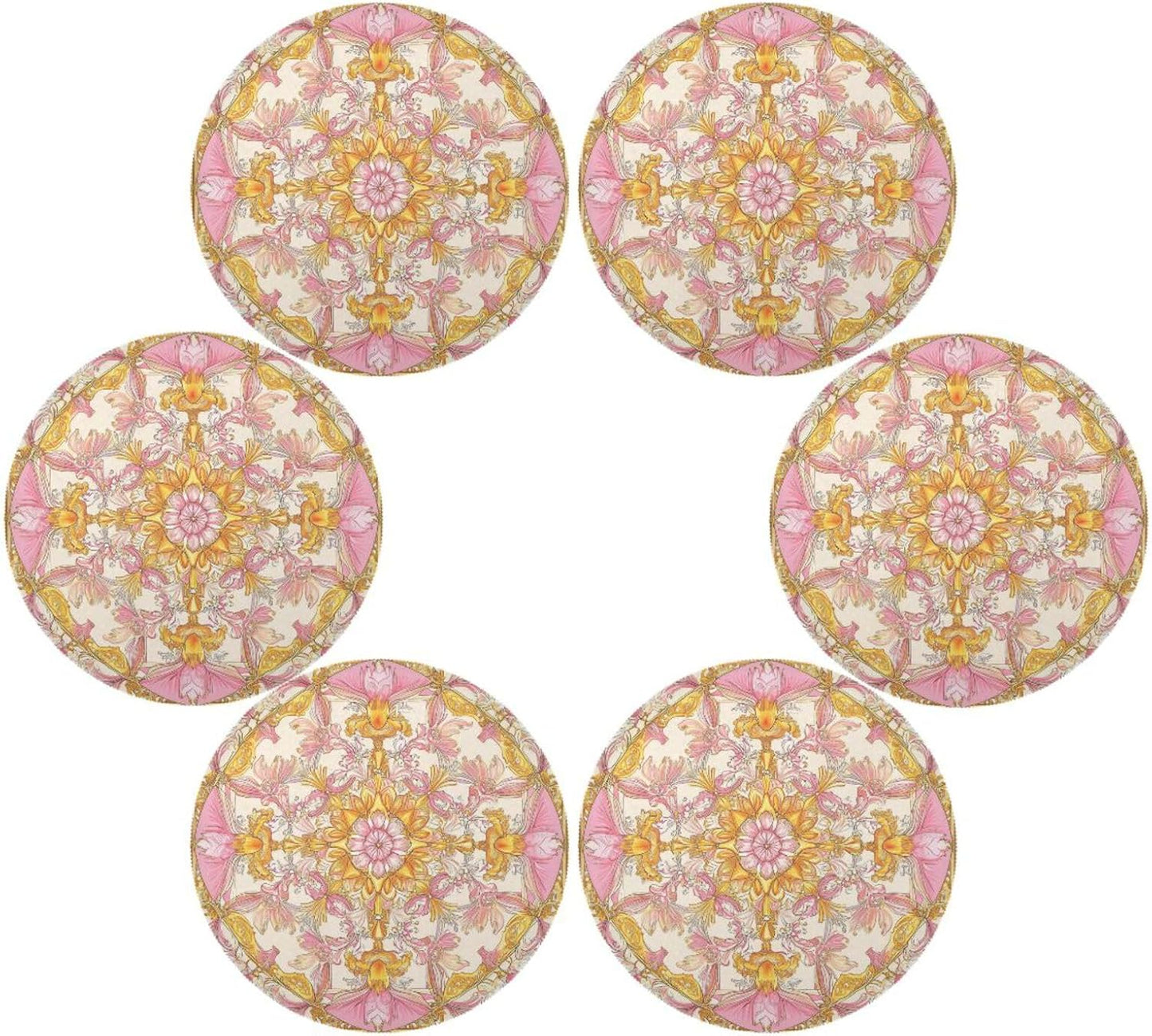 Retro Floral Pattern Gold and Peach Round placemat Reversible placemats Washable Cloth placemats Table Plate mat placemats Waterproof Set of 6 placemats for Non Slip 15.4x15.4in