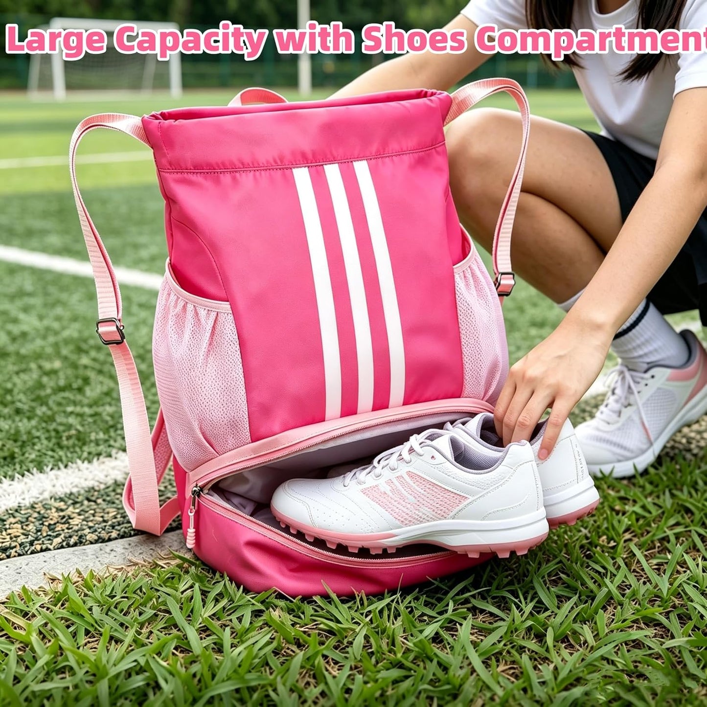 Soccer Bag, Youth Soccer Basketball Bag with Compartments Drawstring Backpack for Football Volleyball Gym Training (Pink)