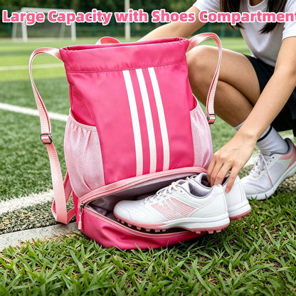 Soccer Bag, Youth Soccer Basketball Bag with Compartments Drawstring Backpack for Football Volleyball Gym Training (Pink)