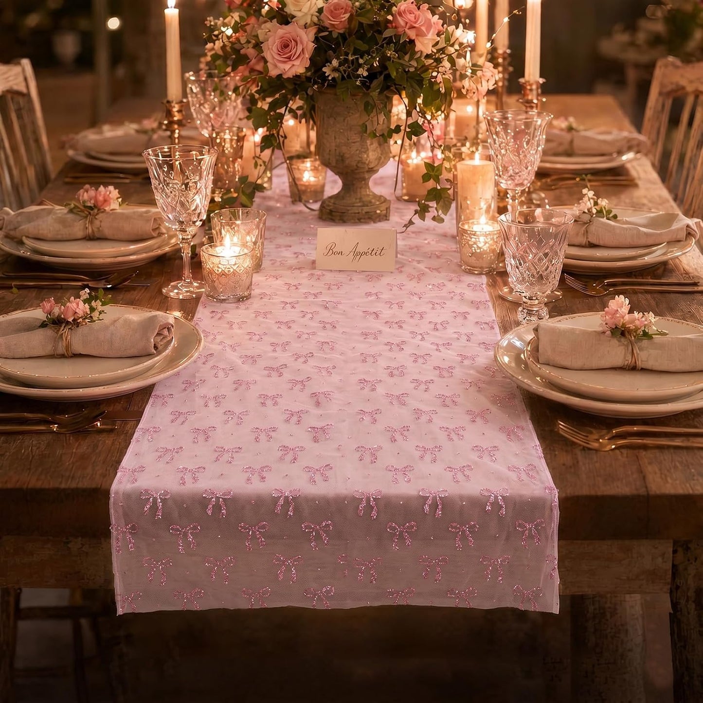 4 Pack Pink Butterfly Table Runner 29.5 x 71 Inches, 3D Hot-Stamped Iridescent Tulle Table Decor, Sheer Lace Fabric Overlay for Wedding, Baby Shower, Girl Birthday Party, Bridal Shower DIY Decorations