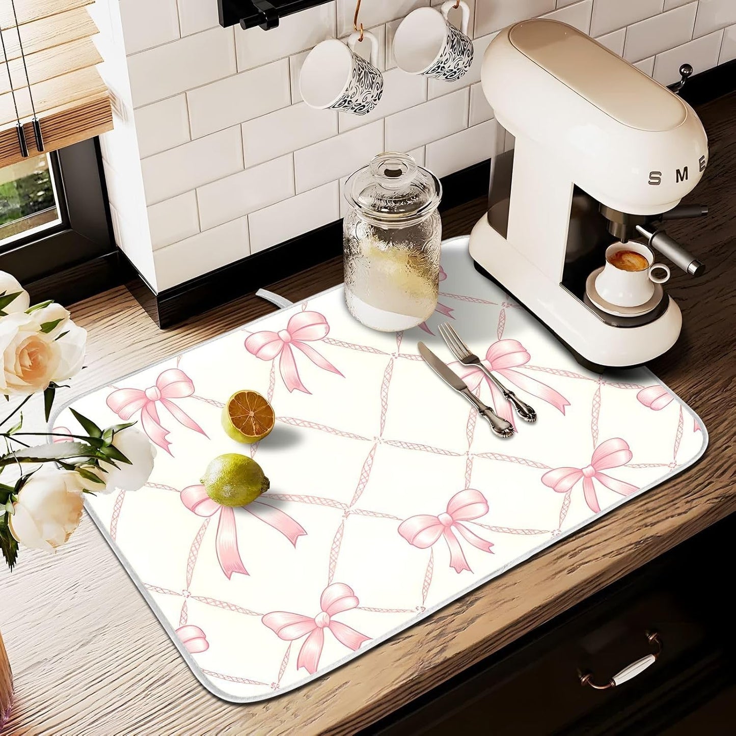 Pink Bow Rhombus Plaid Pattern Dish Drying Mat for Kitchen, Absorbent Microfiber Dishes Drainer Mats, 16x18 Inch