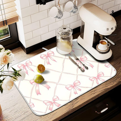 Pink Bow Rhombus Plaid Pattern Dish Drying Mat for Kitchen, Absorbent Microfiber Dishes Drainer Mats, 16x18 Inch