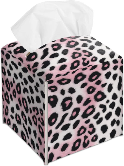 Pink Cheetah Decorative Square Leather Tissue Box Cover - Cute Tissue Holder Gifts for Women Family and Friends Funny Unique for Home Decor Decorative for Kids Room Kitchen Bathroom Office - A29