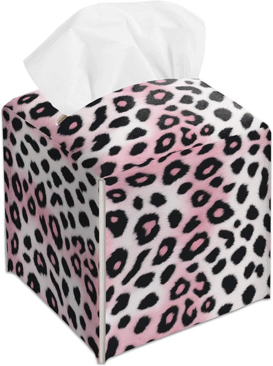 Pink Cheetah Decorative Square Leather Tissue Box Cover - Cute Tissue Holder Gifts for Women Family and Friends Funny Unique for Home Decor Decorative for Kids Room Kitchen Bathroom Office - A29