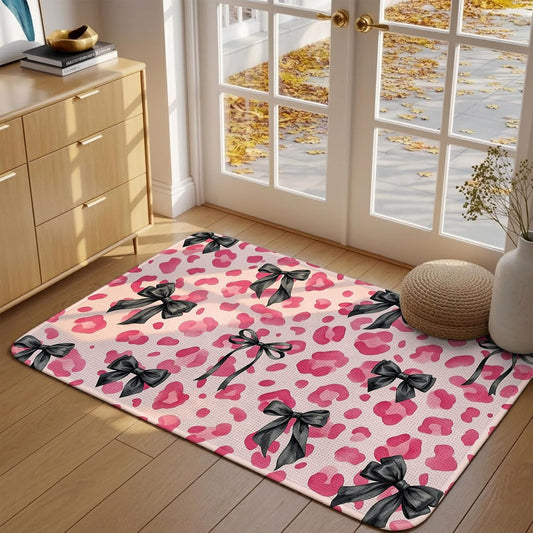 Bathroom Rugs 31.5x47.2 Inch, Black Bow Pink Leopard Non Slip Rugs Washable Low Pile, Minimalist Boho Chic Modern Front Door Mat Entryway Rug with Rubber Backing