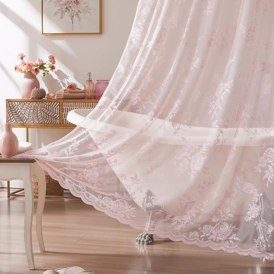 SEEKRIGHT Pink Lace Shower Curtain with Attached Valance Romantic Floral Shower Curtain Cute Scalloped Edge Lace Shabby Chic Bath Curtains for Spa Hotel Bathroom Farmhouse Decor, 1 Panel, 72x72