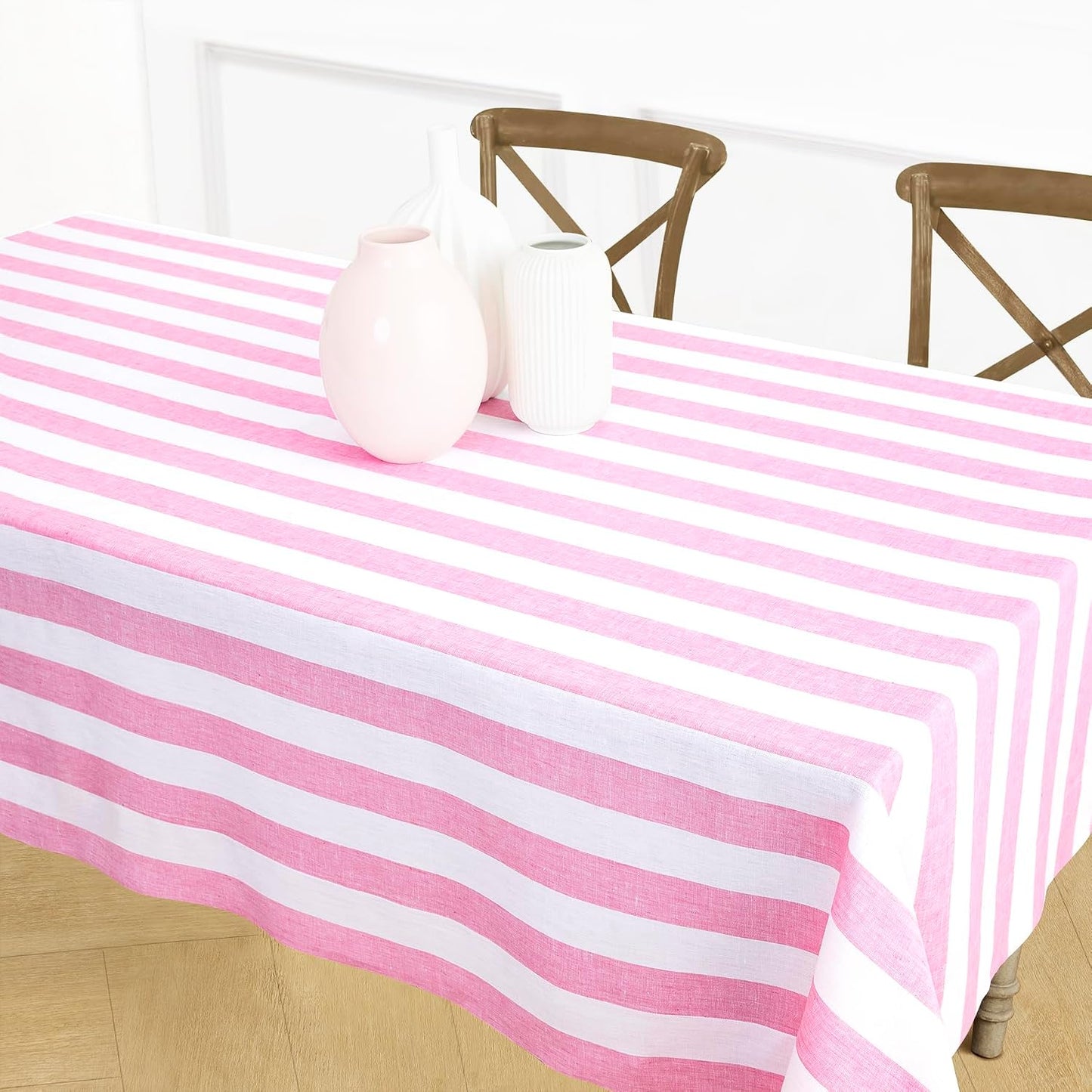 Solino Home Linen Striped Tablecloth 60 x 144 Inch - 100% Pure Linen Pink and White Table Cloth for Rectangle Tables - Cabana Stripe, Machine Washable Tablecloth for Summer