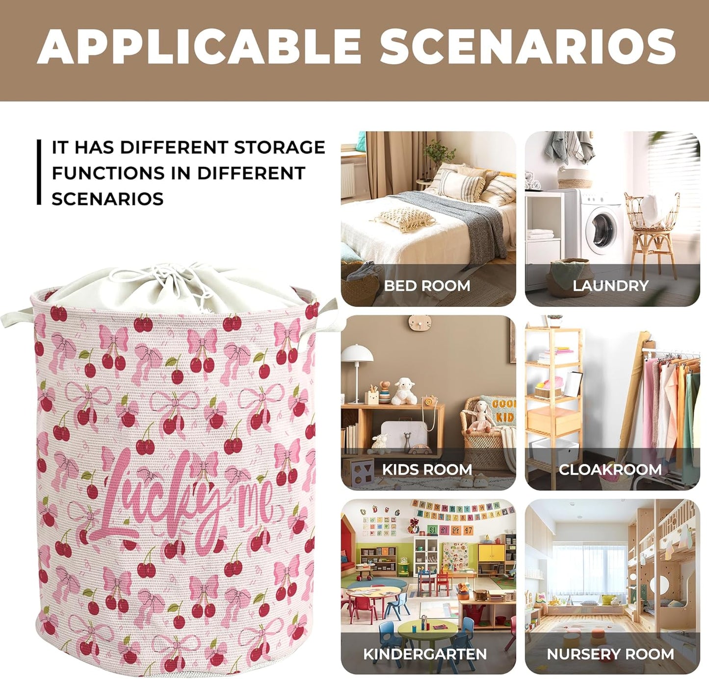 Coquette Pink Bow Cherry Laundry Basket, Preppy Girls Laundry Basket Hamper, Girly Aesthetic Cherry Waterproof Storage Bin Toy Box Organizer for Girls Bedroom Bathroom Clothes Toys