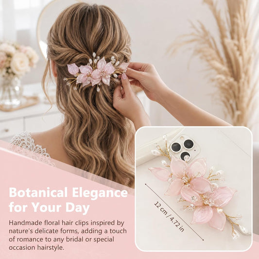 Wedding Hair Barrettes for Women Vintage Pink Flower Hair Clips Light Decorative Pins and Clip Accessories for Bride Bridesmaid Girls Elegant Crystal with Pearls and Rhinestones